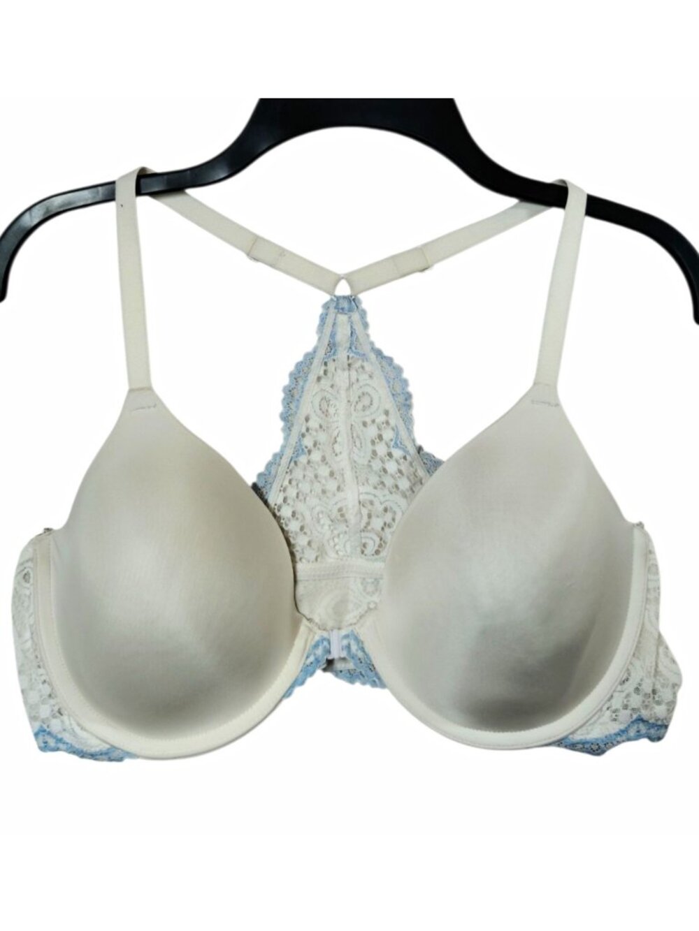 Maidenform Womens 38B White Blue Lace Racerback Front Close Underwire Bra 032495